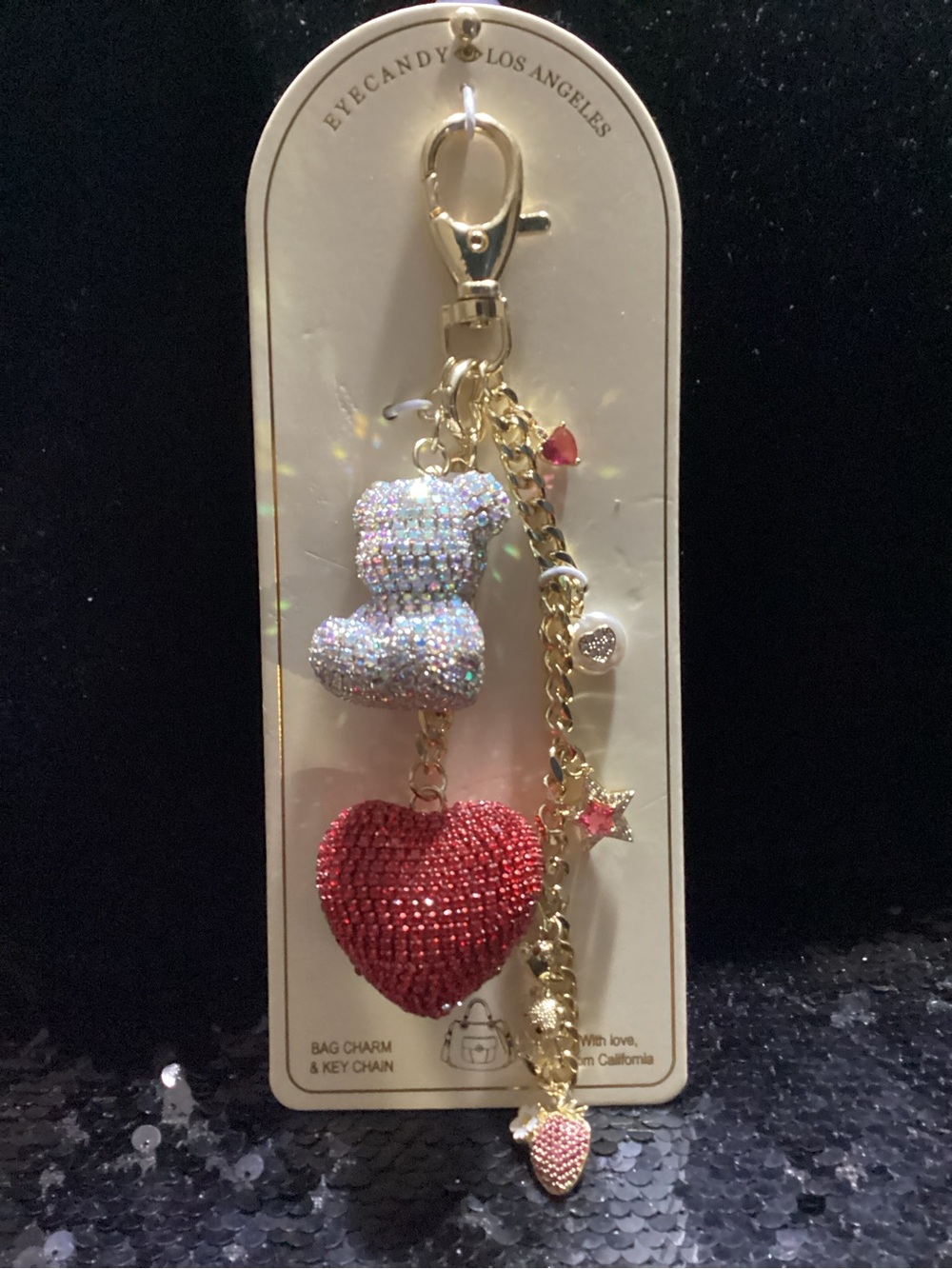eye candy Gold-Tone Keychain with Red Crystal Heart & Iridescent Teddy